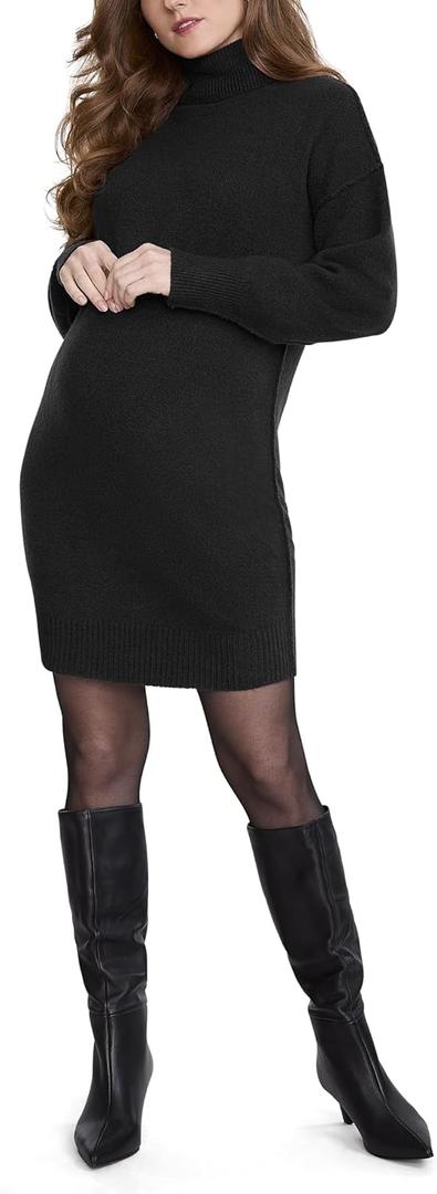 Motherhood Maternity Women's Long Sleeve Turtleneck Pregnancy Sweater Dress (Black, M)