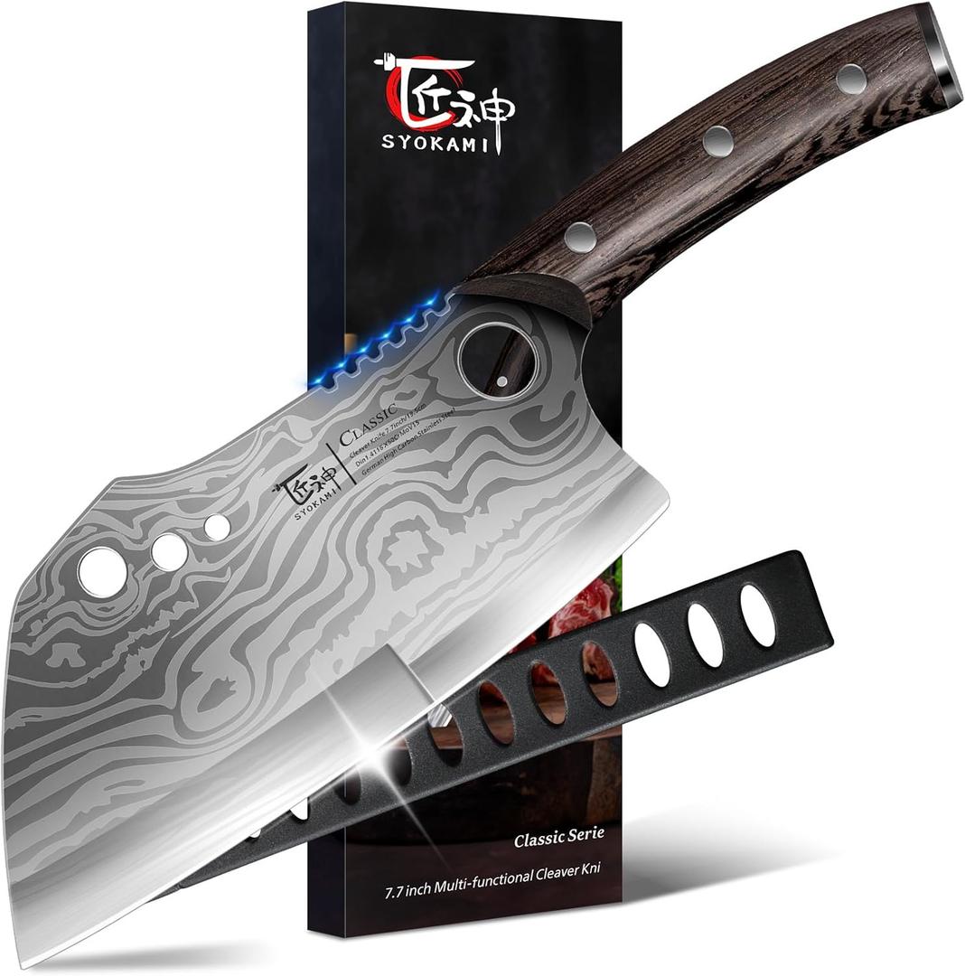 Meat Cleaver Chef Knife with Sheath, 7.7 Inch Butcher Knife with Herb Stripper, Chopping Knife Heavy Duty Bone Cutting, Damascus Pattern Full Tang Wood Handle, Birthday Gift for Men