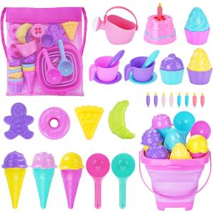 Ice Cream Beach Toys Sand Toys Set for Kids, Collapsible Sand Bucket and Shovels Set with Mesh Bag, Sand Molds, Watering Can, Sandbox Toys for Kids and Toddlers, Travel Sand Toys for Beach