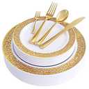 WDF 150PCS Gold Plastic Plates Set - Valentines Plates 25Guests Gold Disposable Dinnerware Sets for Valentine's Day
