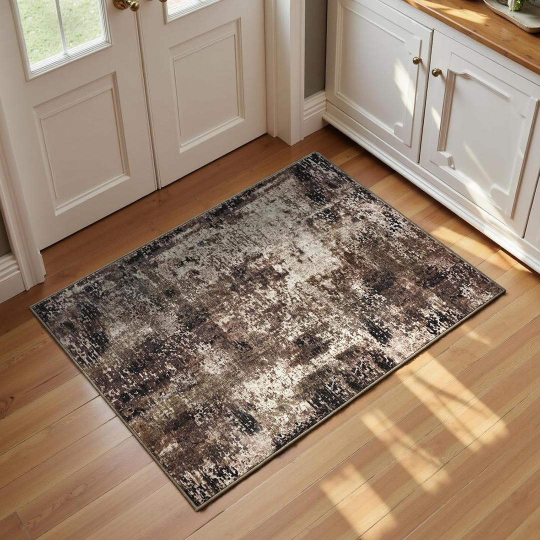 Entrance Rugs Indoor 2x3 Brown Entry Rug Washable Abstract Coffee Small Area Rug Non-Slip Low Pile Throw Rugs for Entryway, Kitchen Floor, Front Door Indoor Door Mat, Bathroom, Bedroom Bedside