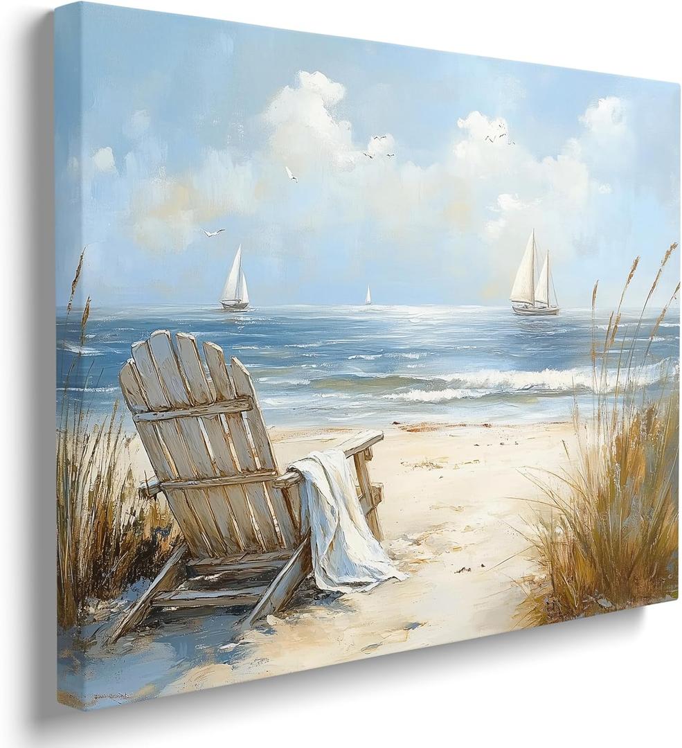Peaceful Blue Sailboat Seascape Ocean Pictures Wall Decor Framed Coastal Landscape Beach Scene Wall Art Canvas Prints Sea Posters Beachy Scenery Artwork for Living Room Bedroom Bathroom (16"x24")