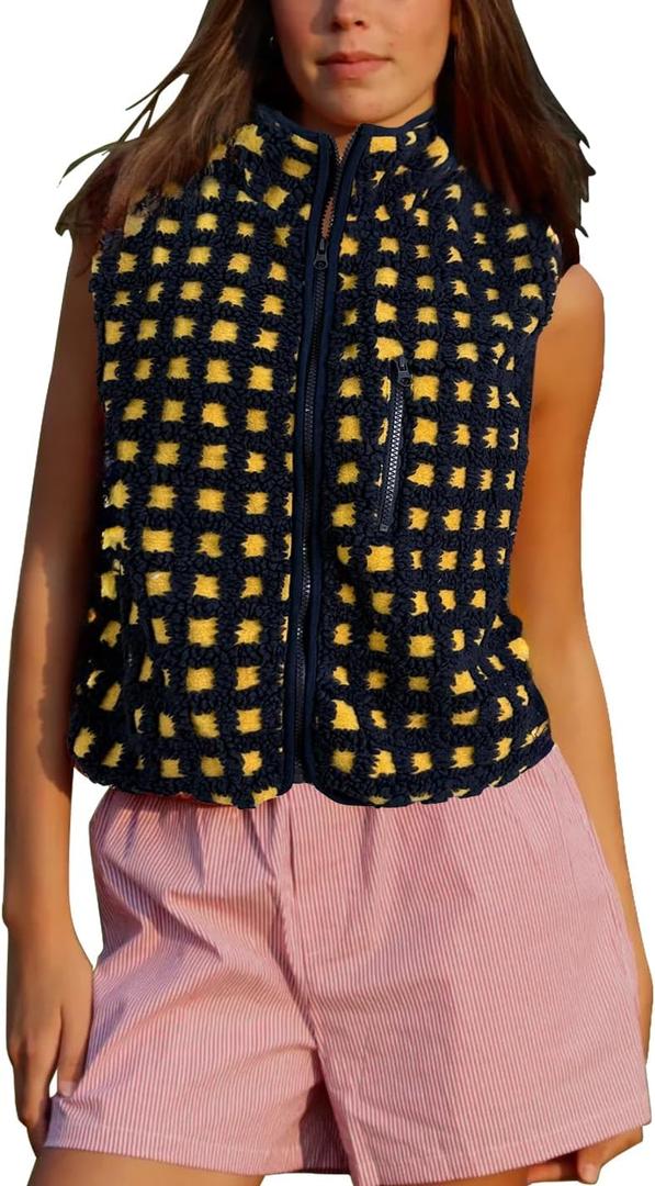 Gacaky Women's Fuzzy Sherpa Fleece Vest Checkered Polar Fleece Jacket Cozy Sleeveless Cardigan Zipper Outerwear Navy L (Blue, L)