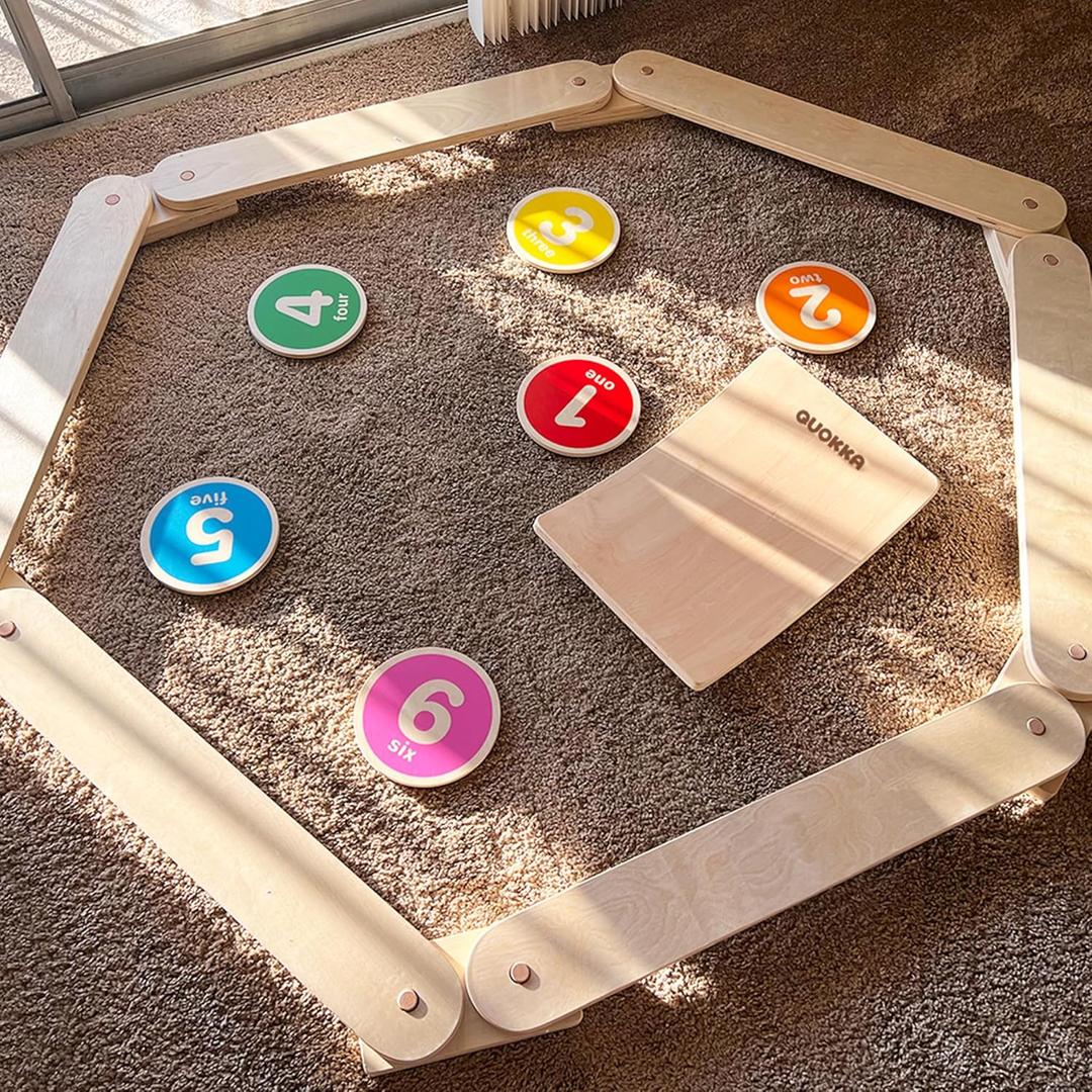 QUOKKA Complete Indoor Play Set with Wooden Balance Beam - Balance Board, Wooden Activity Discs - Safe and Creative Active Play for Kids