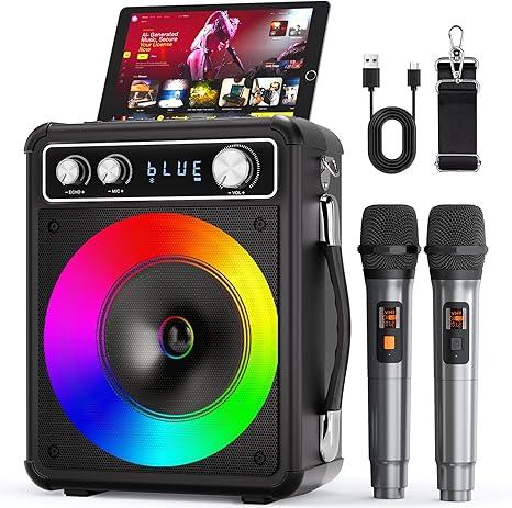 Karaoke Machine, Portable Bluetooth Karaoke Speaker with 2 Wireless Microphones, PA System for Adults Kids with LED Lights & Echo Adjustment, Supports TWS/TF/USB/AUX for Home Party