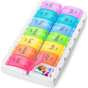 Pill Box Organizer (Rainbow), 7-Day 2 Times a Day Medicine Storage Case w/Spring Opening & Detachable Compartments, Weekly Tablet Pills Container for Vitamins, Supplements & Travel Medication