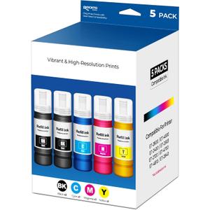 Compatible for EPT522 Ink Refill Bottles Replacement for ET-2800 ET-2400 ET-4800 ET-2803 EPT522 Ink Refill for Eco tank ET2800 ET2400 ET4800 ET2803 ET-2720 ET-4700 ET-4810 ET-2840 Printer, 5 Pack (2 Black,1 Cyan,1 Magenta,1 Yellow)