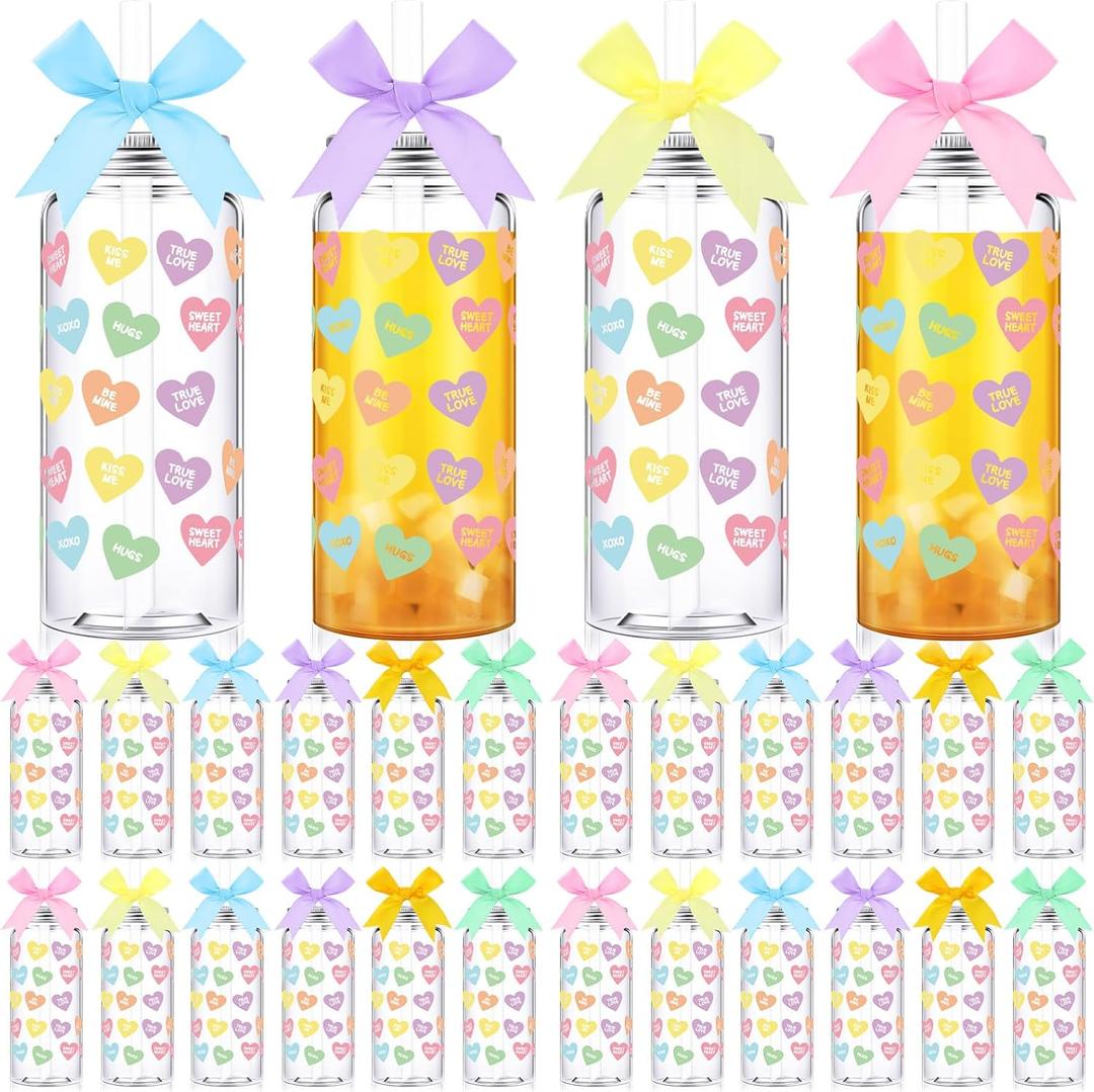 Qinyoung 24 Pack Reusable Valentine's Day Cups with Lids and Straw Bows Candy Conversation Heart Plastic Cups 13.5oz Valentine's Party Clear Drinking Cup Tumblers for Galentines Party Supplies Gifts