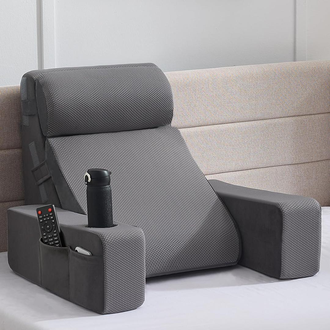 Reading Pillow for Sitting in Bed Adult, Back Pillow for Bed Sitting up with Arms, Pockets and Cup Holder, Sit Up Backrest Pillows for Beds Chair Support, Rest Pillow for Gaming, 5PCS