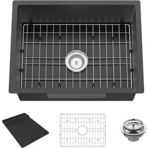 Black Kitchen Sink,24x18 Inch Stainless Steel Undermount Kitchen&Bar Sink Drop In Stylish And Modern Look With Bottom Grid,Silicon Mat And Drain Assembly Add Elegance & Enhance Usability