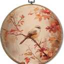 Sufamb Farmhouse Fall Bird Round Wall Art Decor, Cottagecore Autumn Sparrow Canvas Artwork Framed, Rustic Fall Bird Wall Hanging Prints Decorations for Home Bedroom Living Room Decor, 10x10 Inches