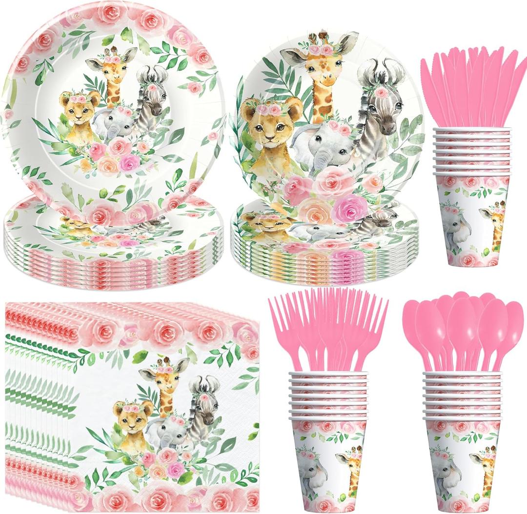 Safari Baby Shower Decorations Tableware Girl - Jungle Theme Party Supplies, Paper Plate, Cup, Napkin, Disposable Cutlery, Wild Animal Birthday Baby Shower Party Decorations | Serve 24 (Pink)