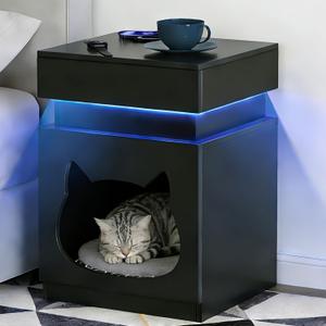 Night Stand with Charging Station, Wooden Bedside Table with LED Lights, Dark Grey Side Tables with Sliding Drawer, Modern End Table with Storage Spacey (Drawer Nightstand), 19.9 inches x 13.78 inches x 23.62 inches