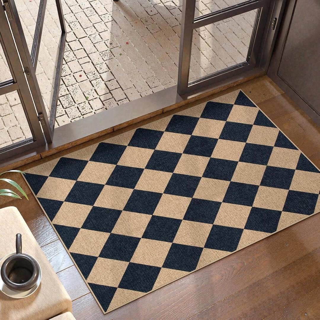 Lahome Checkered Easy Jute Kitchen Rug, 2x3 Front Door Mat Non Slip Washable Neutral Area Rug, Farmhouse Diamond Non Shedding Low Pile Floor Carpet for Entryway Porch Doorway (Black/Checkerboard -2)