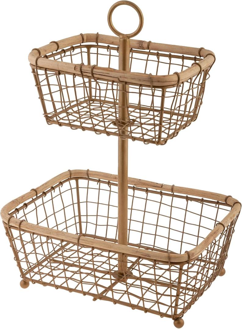 Karma, 2-Tier Fruit Basket, Metal Countertop Vegetable Fruit Basket Bowl for Kitchen, Champagne Gold