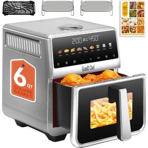 Air Fryer 6 Qt, All Metal Air Fryer, Stainless Steel Housing& Full Metal Inner Pot, PTFE and PFAS Free, 9 Digital One-Touch Cook Functions,120F~450F, 1700W, 6 quarts