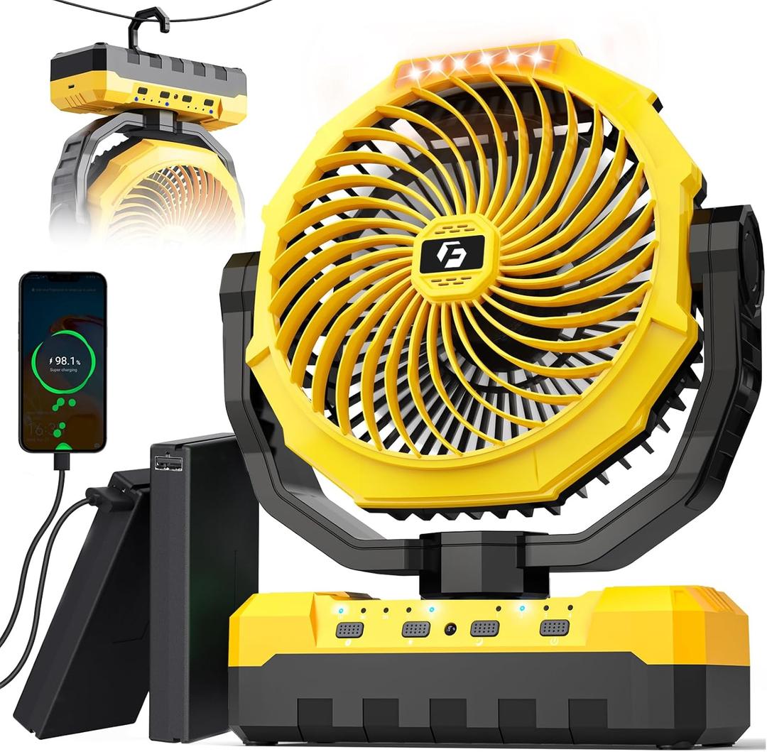 Korbot 36000mAh Portable Camping Fan - 120HRS Rechargeable Fan with Detachable Battery with LED & Remote - 4 Speeds Battery Powered for Tent,Travel, Office, Jobsite (Yellow2)