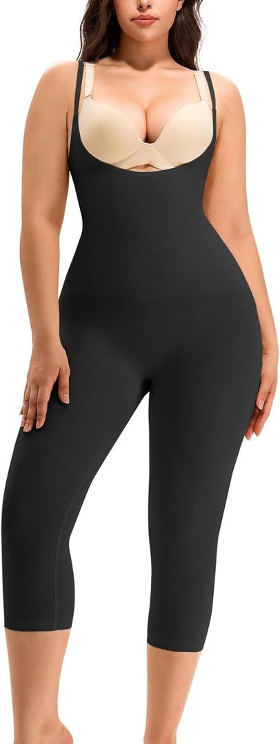 Open Bust Tummy Control Shapewear Bodysuits for Women Compression Full Body Seamless Butt Lifting Capri Body Shaper (Small, Black)