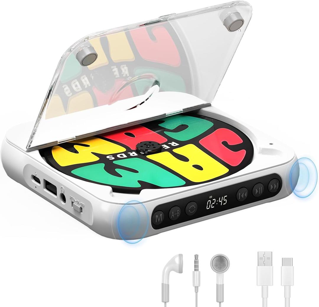 Portable CD Player with Bluetooth, Rechargeable CD Player for Home/Car, Built-in HiFi Speakers, Headphones, LCD Screen, Supports CD/AUX/USB and Repeat Modes, White