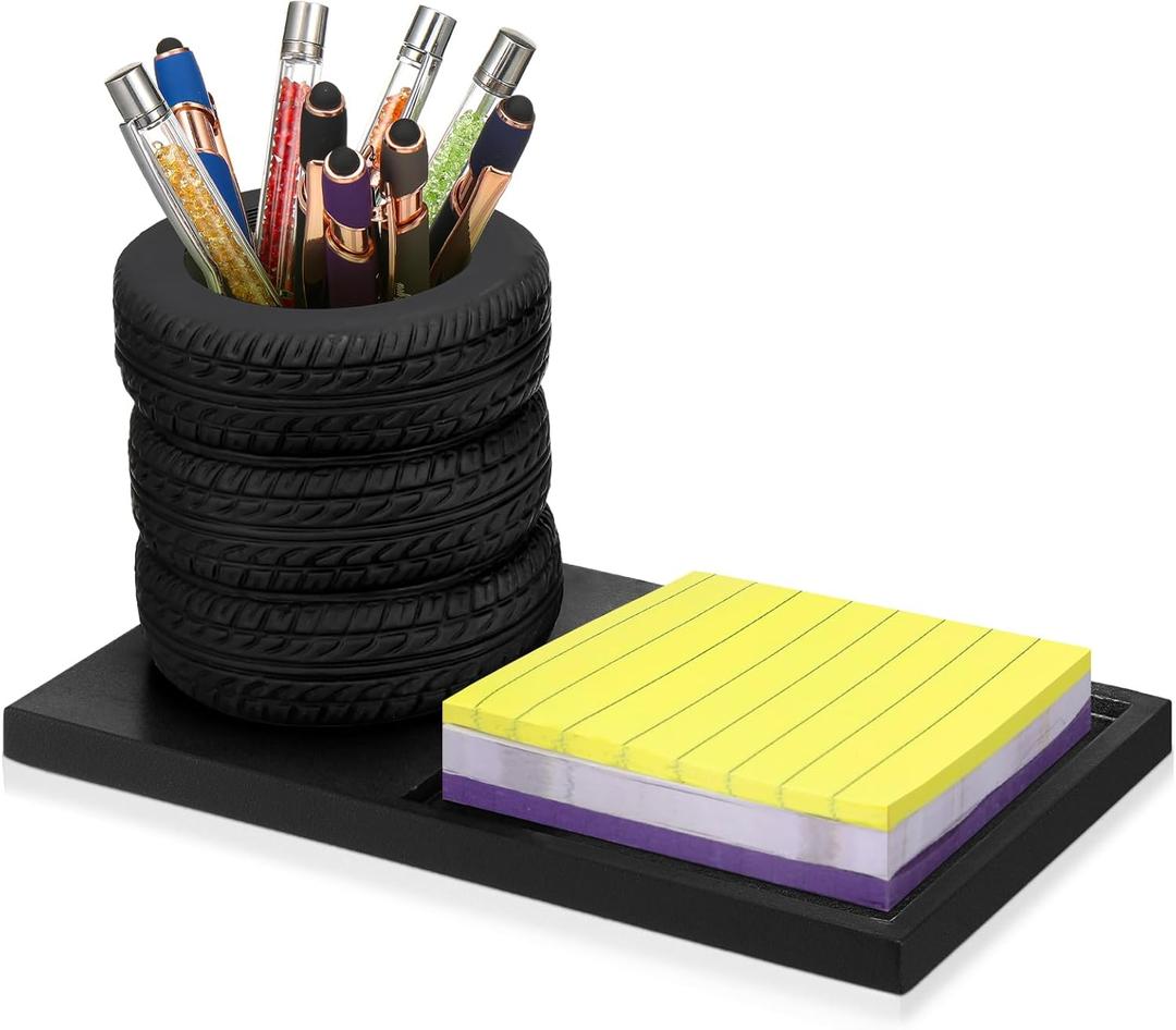 Tire Shaped Pen Holder with Sticky Notes Holder Set Tool Planter Pencil Storage Holder Desk Organizer Home Office Supplies Gift for Mechanics Car Lovers (Black)