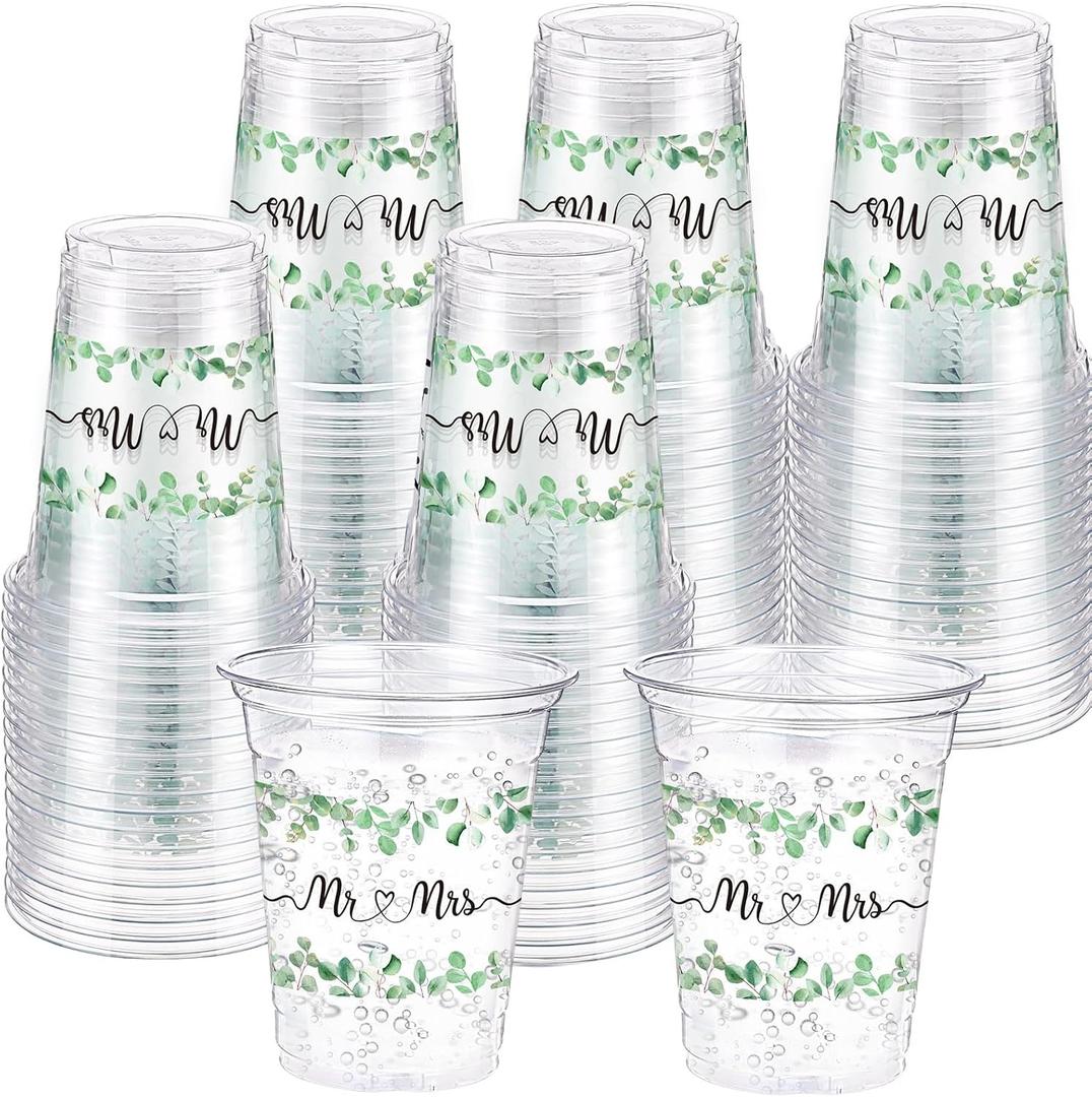 60 Pack Mr and Mrs Wedding Cups 12 oz Sage Green Eucalyptus Disposable Clear Plastic Drinking Cups for Wedding Bridal Shower Engagement Boho Greenery Party Decorations Supplies