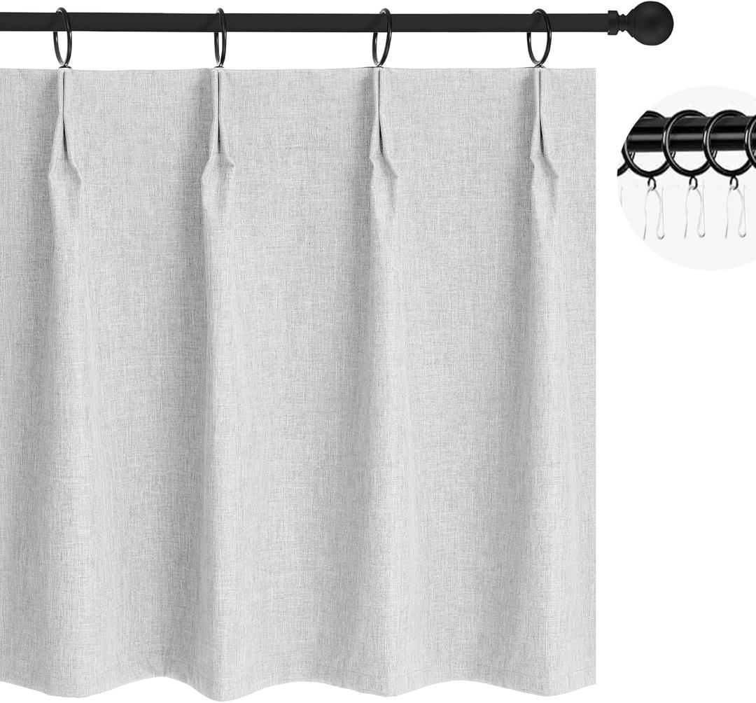 WdFour 24x18 Inch Pinch Pleated Blackout Cafe Curtains - Pack of 2, 100% Light Blocking Back Tab Drapes for Half Windows, Kitchen & Bathroom Short Curtains(Greyish White