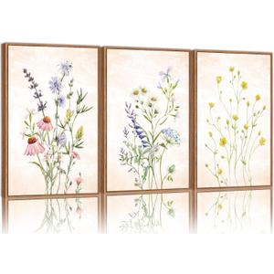SIGNINART Watercolor Wildflower Framed Canvas Wall Art Set of 3, Boho Botanical Spring Floral Wall Decor, Colorful Minimalist Plant Art Prints for Farmhouse Living Room, Bedroom, Office, Bathroom 16"x24"