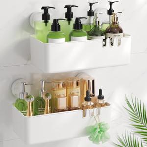 LUXEAR Shower Caddy Suction Cup Shower Basket 2 Pack, NO-Drilling Removable Plastic Shower Shelf Organizer for Bathroom Storage & Kitchen Max Hold 22lbs, Waterproof, One Second Installation Shower Rack