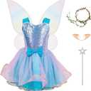 Fairy Costume Dress for Girls 3-10, Fairy Princess Pink Tutu Outfits Butterfly Wings Wand Headband Halloween Gifts