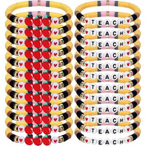 Tondiamo 24 Pack Teacher Bracelet Teacher Appreciation Gift Polymer Clay Apple Beaded Bracelets Pencil Stackable Bracelets Graduation Cute Charm Jewelry Gift(Elegant Colors)