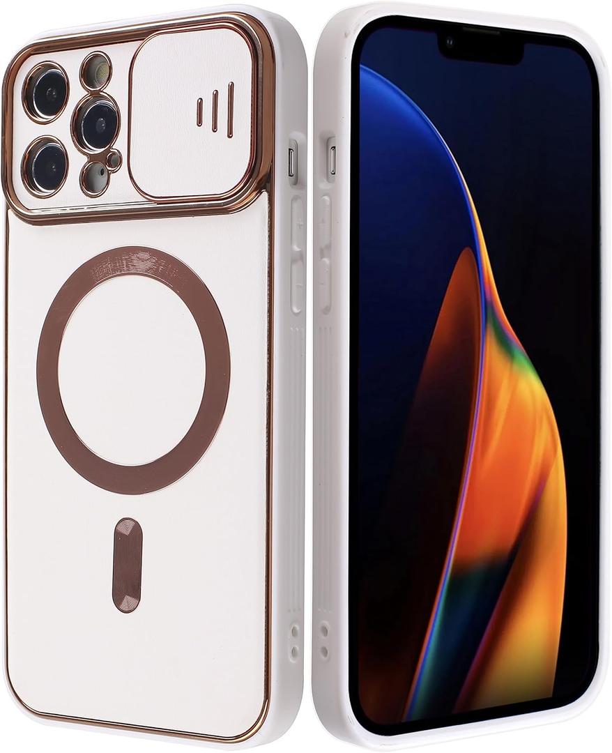 Window Magnetic Case for iPhone 13 Pro Max Compatible with MagSafe [Strong Adoption] [Plated Rose Gold Edge] Full-Body Durable Luxury Case Protective Cover (White - 13PM)