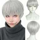 ANOGOL Wig Cap+Short Silver Cosplay Wig Men Synthetic Grey Hair with Bangs Short Silver Grey Wigs with Bangs Costume Wig for Halloween Anime Cosplay Light Gray Wigs for Men Women Party Event