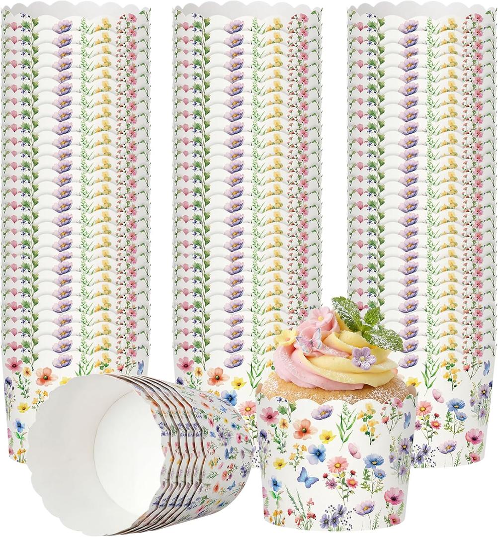 Potchen 100 Pcs Floral Cupcake Liners Spring Tea Party Muffin Liners Cups Paper Butterfly Flower Cupcake Wrappers Cases Cake Decorations for Spring Birthday Dessert Supplies