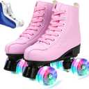 XUDREZ Women's Men's Cozy PU Leather High-Top Skates for Beginner with Double-Row PU Wheels - Professional Indoor Outdoor Skates (Pink Flash,37) 