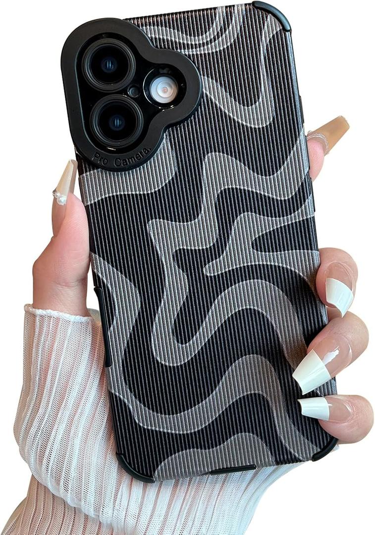 Designed for iPhone 16 Phone Case, Soft PU Leather TPU and Cute Art Wavy Painted for Women Girls, Slim Protective Shockproof Compatible with iPhone Case (Grey, iPhone 16)