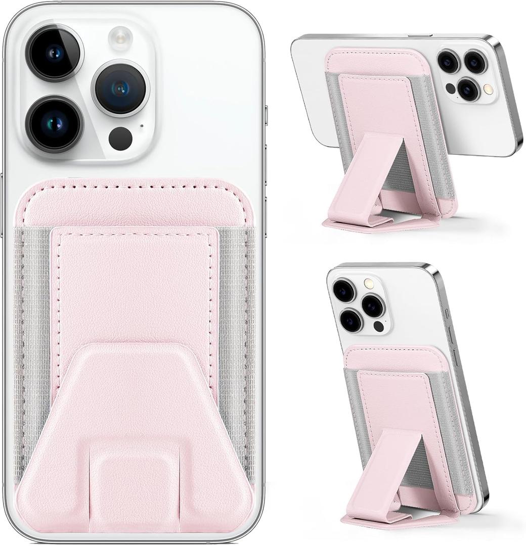 Miroddi for Magsafe Wallet Stand, Magnetic Phone Wallet for iPhone 16/15/14/13/12 Series, Leather Magnetic Cards Holder, Fits 5 Cards, RFID Blocking, Slim, Pink