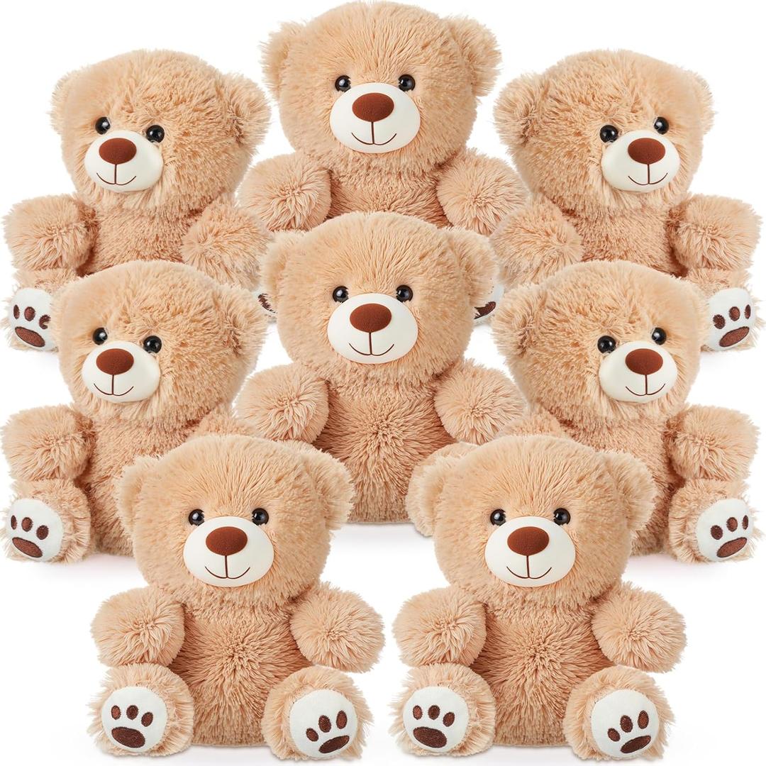 Jenaai 8 Packs Teddy Bear Stuffed Animal 10 Inch Brown Bear Plush Toy with Paws Footprints Soft Cute Stuffed Plush Toys for Girl Boy Valentines Day Baby Shower Wedding Birthday Anniversary Party Gift
