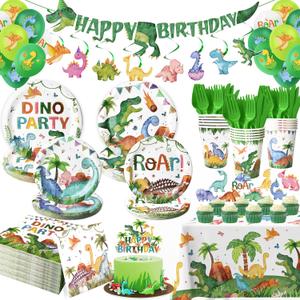 189 Pcs Dinosaur Birthday Party Supplies Set - Serves 24, Dino Decorations Kit with Banner, Balloons, Swirls, Cake Toppers, Tableware & Tablecloth (Rex)