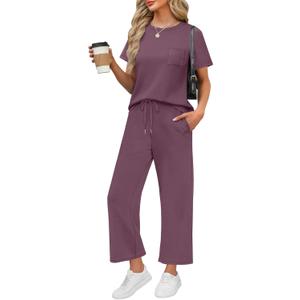 WIHOLL Beach Vacation Clothes for Women 2 Piece Travel Airport Outfits Fashion 2026 Comfy Summer Matching Sets Women Clothing Tropical Wide Leg Pants Lounge Sets Pjs Dark Purple L