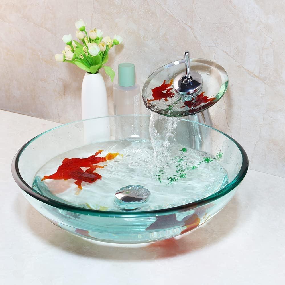 Clear Bathroom Sink Hand Painting Gold Fish Tempered Glass Vessel Sink Basin with Waterfall Faucet and Drain Combo,16"Round Glass Bowl Sink Above Counter Clear Bathroom Vessel Sink Set