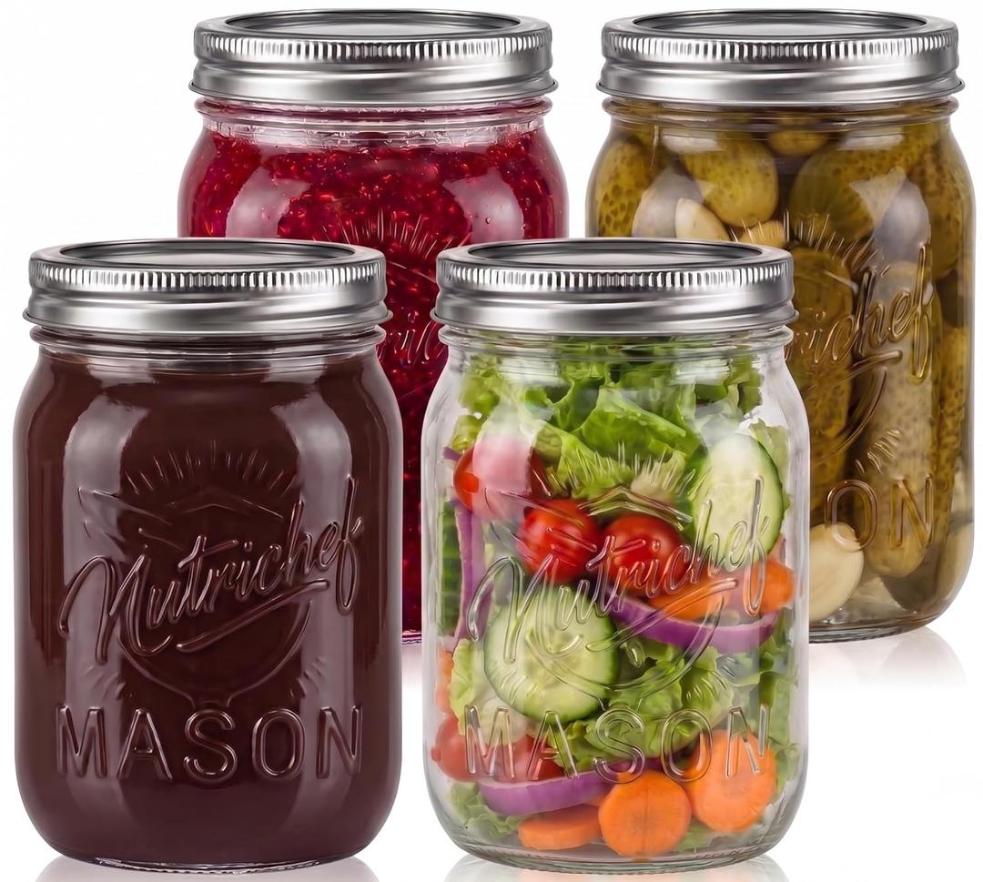 NutriChef 4-Pack 16 oz Mason Jars with Lids - Thick Glass Canning Jars with Stainless Steel Lids - Ideal for DIY Spices, Meal Prep, Overnight Oats, Jelly, Jam, Honey, Candles, Crafts, & More, One Size