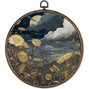 Giosve Vintage Floral Round Wall Art Canvas Framed Poster, Retro Moon Cloud Cottagecore Wildflower Botanical Hanging Wall Sculptures for Home Bedroom Living Room Decor, 10x10 Inch