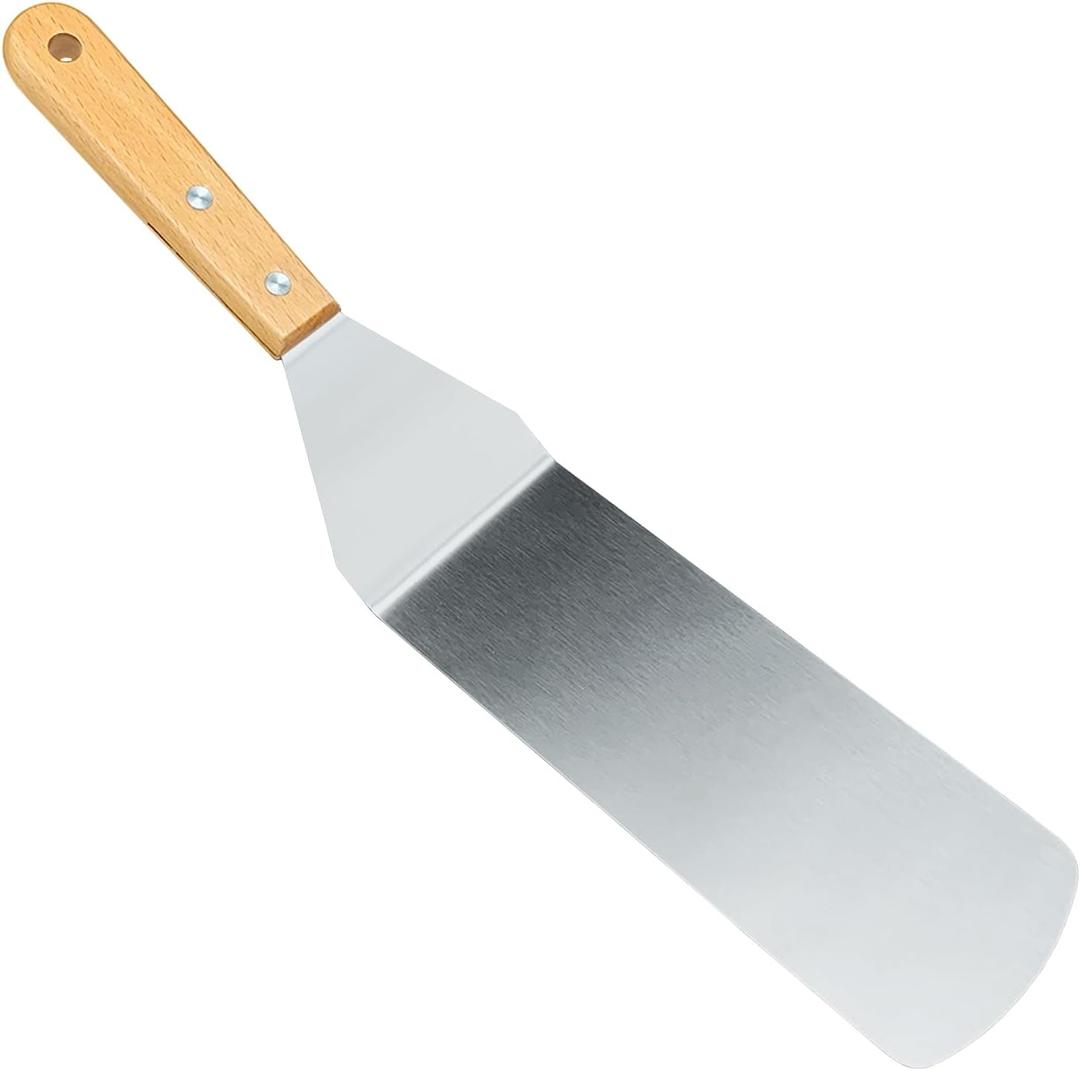 Long Metal Spatula, Thick Stainless Steel Grill Spatula with Wood Handle, Spatula Hamburger Turner Scraper, Pancake Flipper, Great for BBQ Grill and Flat Top Griddle (14-Inch)