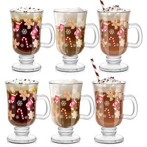 Sliner Set of 6 Christmas Glass Coffee Mugs with Handle, 8 oz Clear Irish Coffee Mugs Footed Irish Glasses Christmas Glasses Winter Holiday Cups for Beverages Latte Hot Chocolate (Colorful)