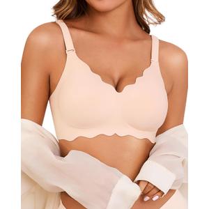 Seamless Jelly Bras for Women No Underwire Push Up Bra Full Coverage V-Neck Wirefree Bralettes Soft T-Shirt Bra, Small