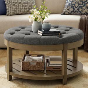 SONGMICS Storage Ottoman with Solid Wood Frame, Round Upholstered Ottoman Coffee Table, Footrest, Tufted Cushion, for Living Room, Easy Assembly, 31.5 x 31.5 x 17.7 Inches, Slate Gray ULSF053GN01