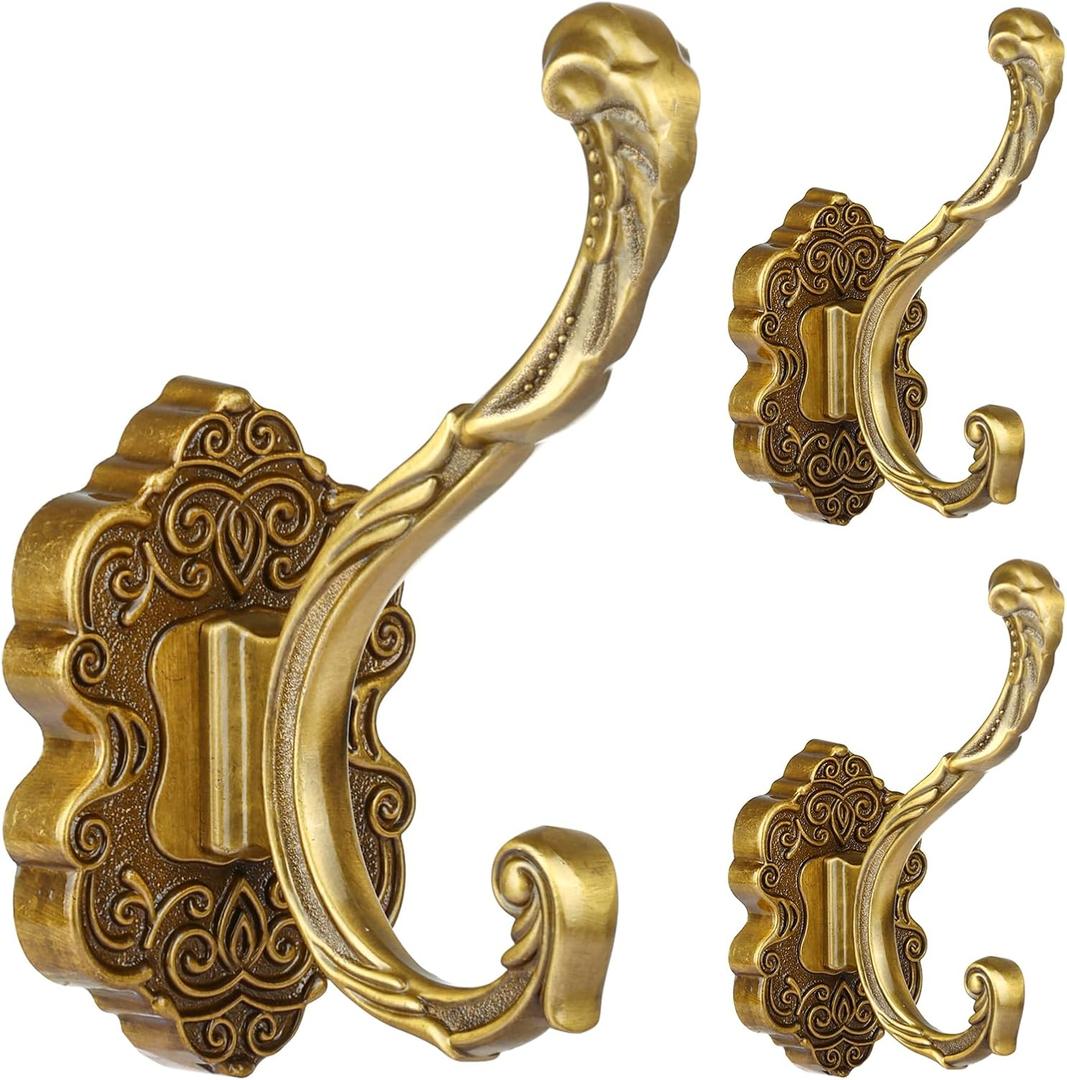 Draupnir 3PCS Coat Hooks Wall Mount, Vintage Decorative Wall Hooks Antique Brass, Rust Resistant Wall Hooks for Hanging Coat,Towel,Key,Cloth,Hat