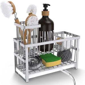 Hvisso 2-Tier Kitchen Sink Caddy with High Brush Holder, Sponge Holder for Sink, Kitchen Storage Organization Sponge Rack, Home Apartment Essential Gadgets Accessories (Silver)