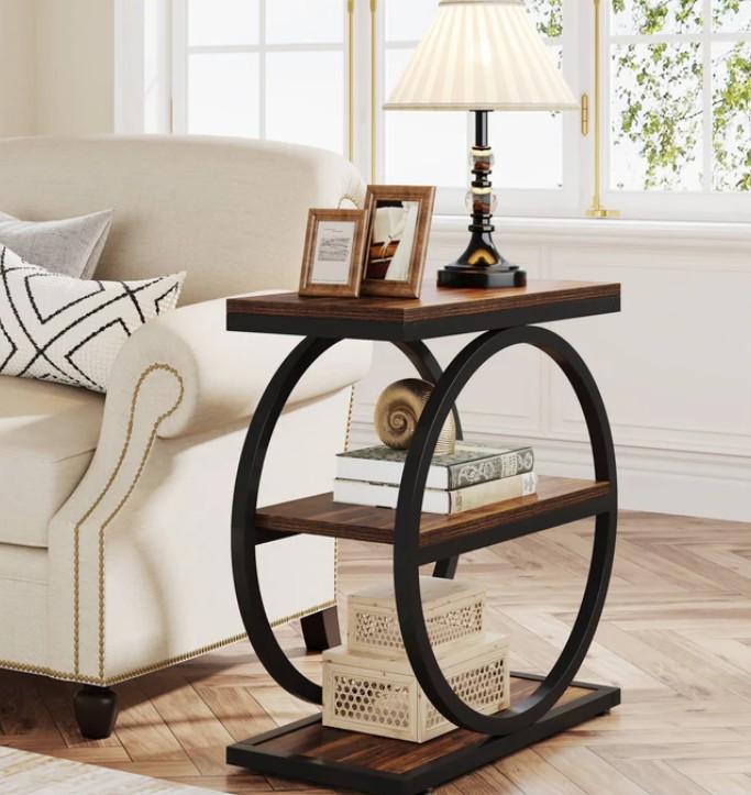 3-Tier End Table, Industrial Sofa Side Table with Round Metal Frame