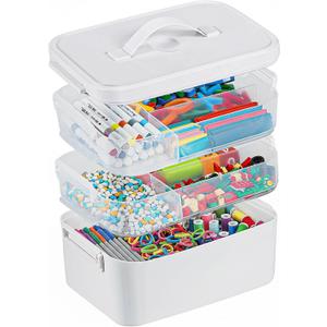 3-Layer Plastic Craft Organizers and Storage Box with Removable Trays, Storage Containers with lids and Handle, Art Supply Storage Organizer for Bead, Ornament, Nail Polish, Tape10.62" x9"x7.67"